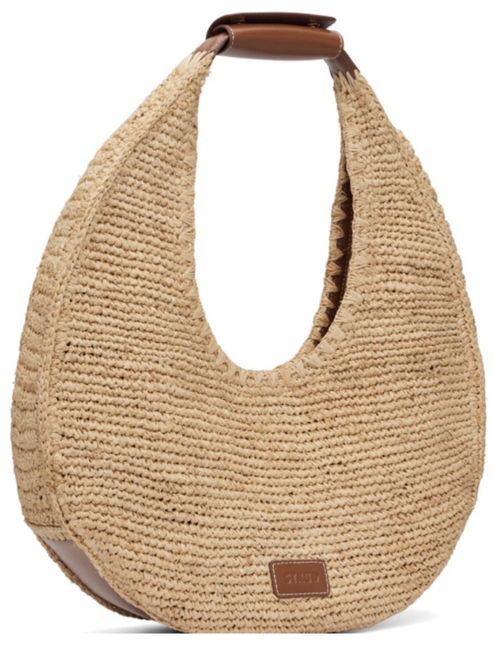 STAUD Natural Straw Hobo Bag with Brown Leather Trim Large